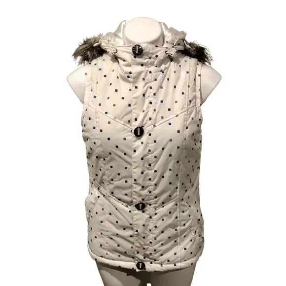 Burton Dryride Puffer Vest Small Cream Hooded Faux Fur Trim Zip Snap Pockets - Picture 1 of 12